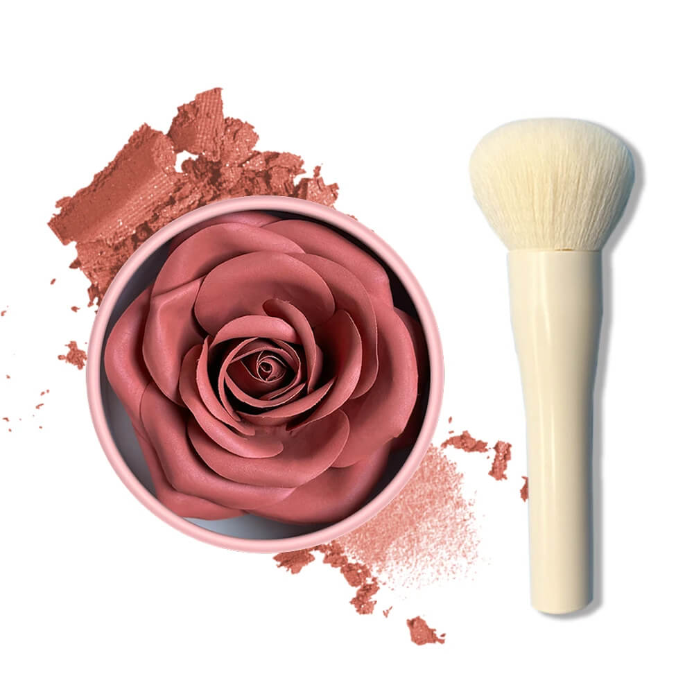 Delicate Peach Rose-shaped blush compact with a brush on a white background