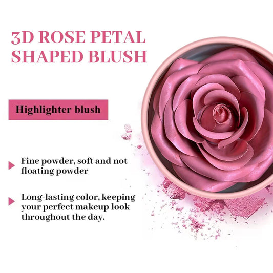 3D rose petal-shaped blush with product details on a white background