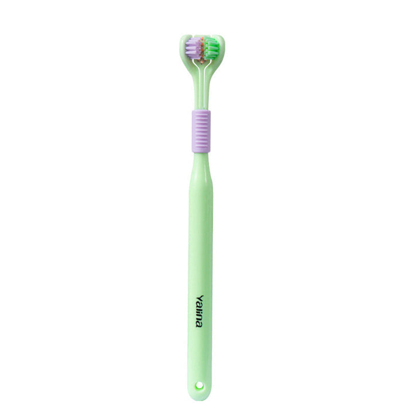 An advertisement image showcasing four colored toothbrushes with a unique design, labeled '3-sided toothbrush' in a stylized presentation.