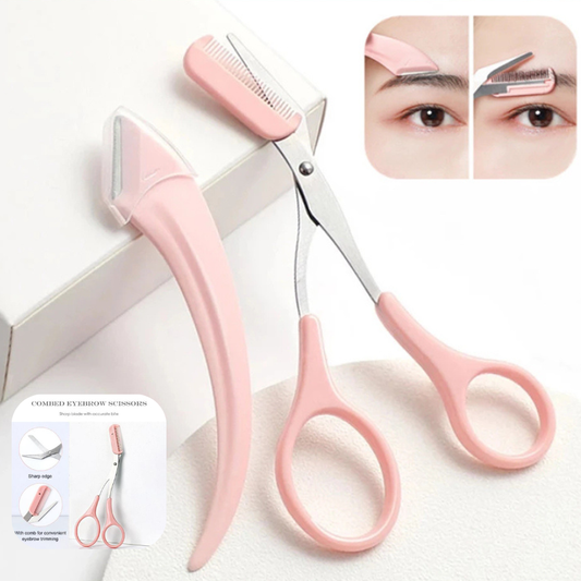 Pink eyebrow scissors and comb set with close-up insets of eye area use.