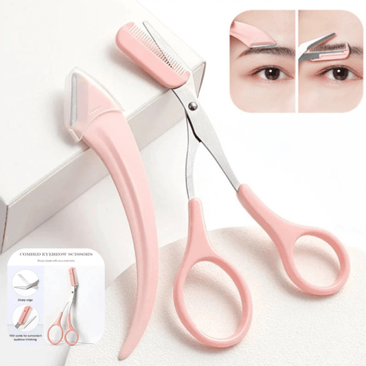 Pink eyebrow scissors and comb set with close-up insets of eye area use.