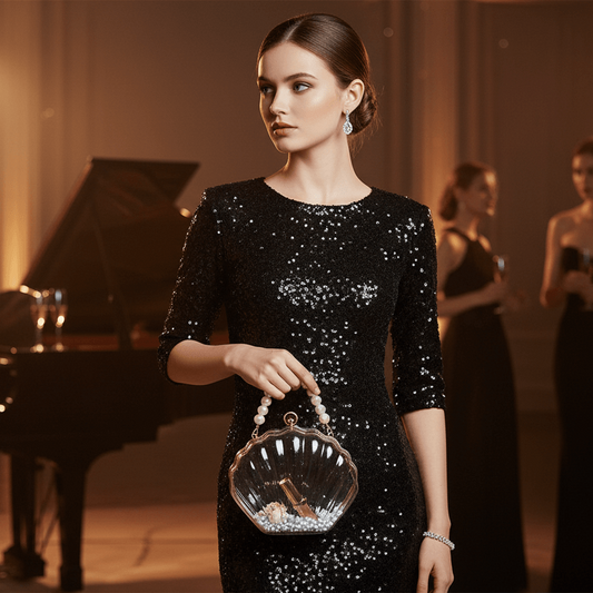 Woman in a black sequined dress holding a handbag in a formal setting with a piano and other people in the background.