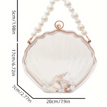 Necklace with a clear pendant and measurements on a white background