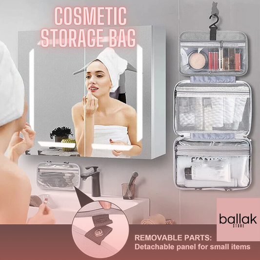 A cosmetic storage bag with removable parts, displayed in a bathroom setting with a woman looking into a mirror. The bag is open, showing various compartments for cosmetics and the text highlights the bag's functionality and organization features.