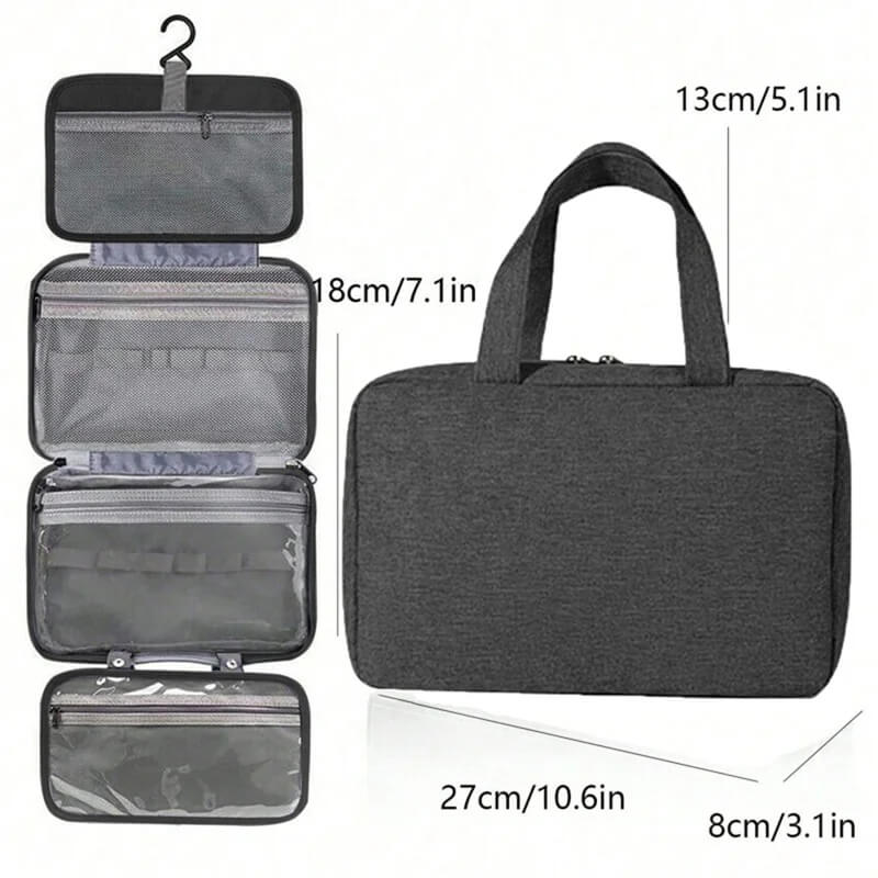 Gray toiletry bag with hanging organizer and dimensions labeled
