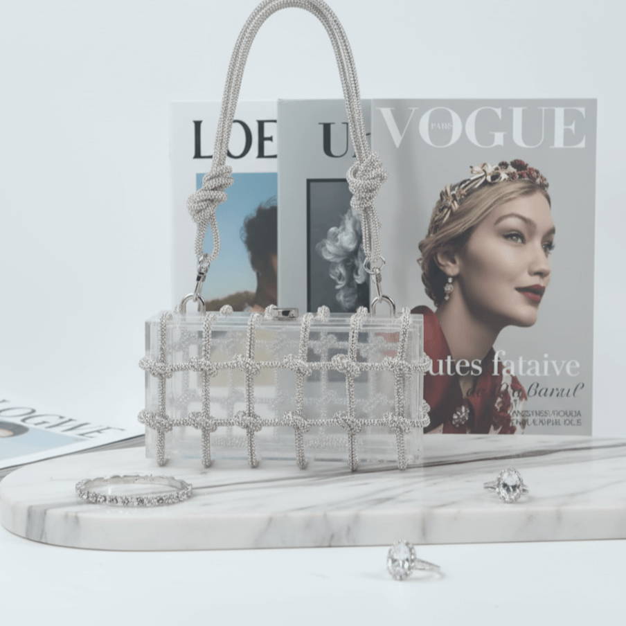 Crystal Clear Acrylic Evening Clutch - Rhinestone Box Handbag with Woven Rope Handle