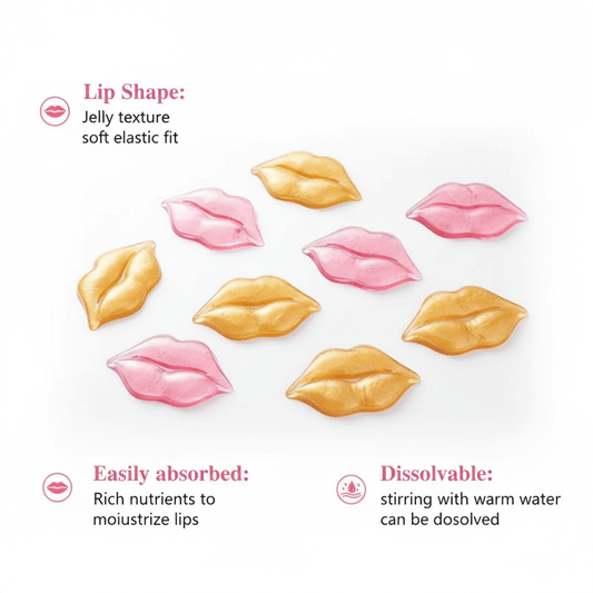 Illustrations of lip-shaped products with text describing their properties on a white background.