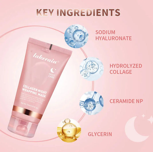 Lakme Bain Collagen Night Wrapping Mask with key ingredients on a pink background