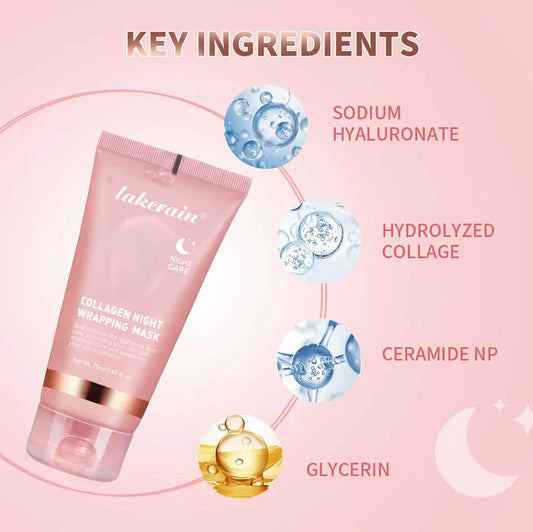 Collagen night wrapping mask with key ingredients on a pink background
