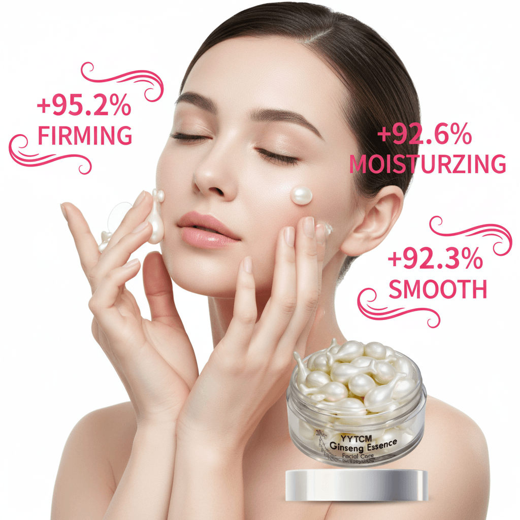 Woman applying cream to her face with a jar of cream and text highlighting benefits on a white background