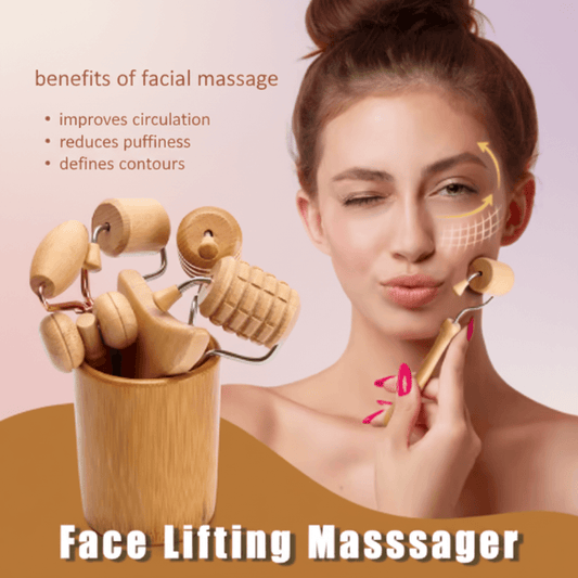 Woman using a face lifting massager with text on benefits of facial massage.