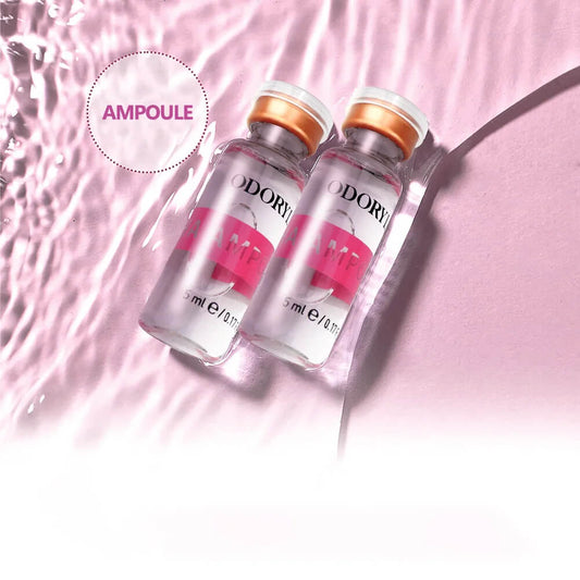 Two Hyaluronic Acid Face Serum Essence ampoules on a pink textured background with 'AMPoule' text.