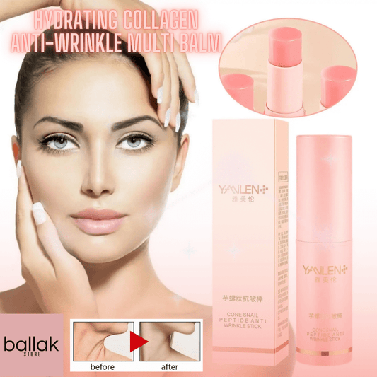 Advertisement for a hydrating collagen anti-wrinkle balm with a woman's face, product packaging, and before/after effects.