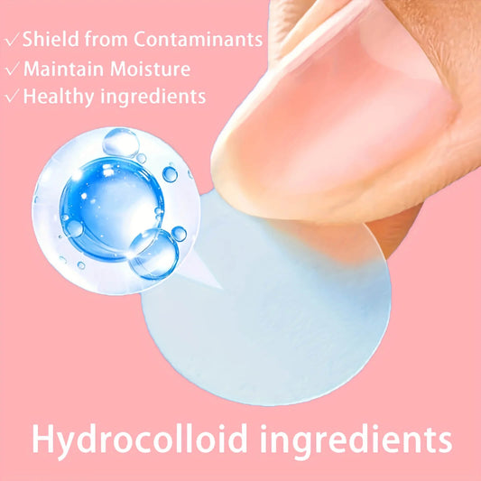 Hydrocolloid dressing with text on a pink background