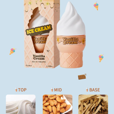 Vanilla cream ice cream packaging with flavor notes on a light blue background