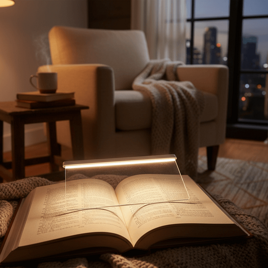 Open book on a blanket with a cozy armchair and cityscape view in the background