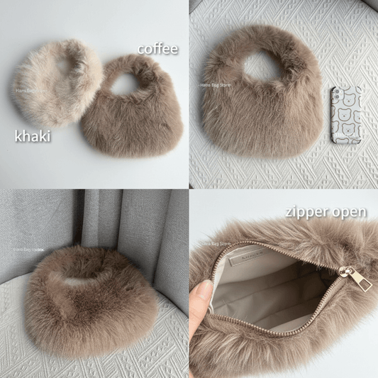 Collage of a fluffy brown pouch in different views with labels for color and zipper status.