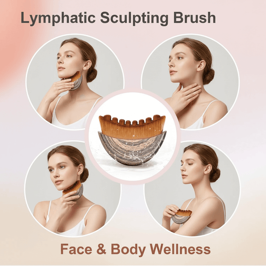 Lymphatic sculpting brush with images of a woman using it on her face and neck.