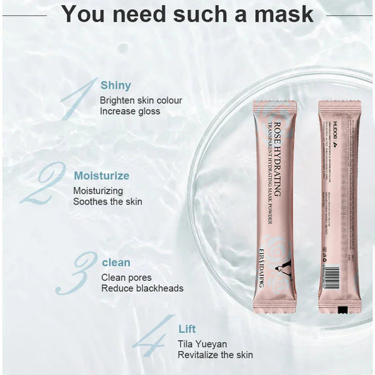 Rose hydrating mask packaging with text on a light background