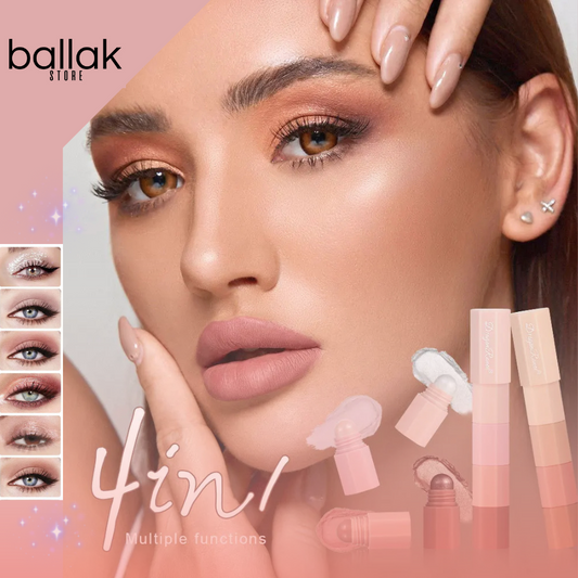 Promotional image featuring a 4-in-1 pearlescent eyeshadow stick with shades in nude and pink tones. The image showcases the creamy texture and pearlescent finish of the product, along with its versatility in creating different eye makeup looks.