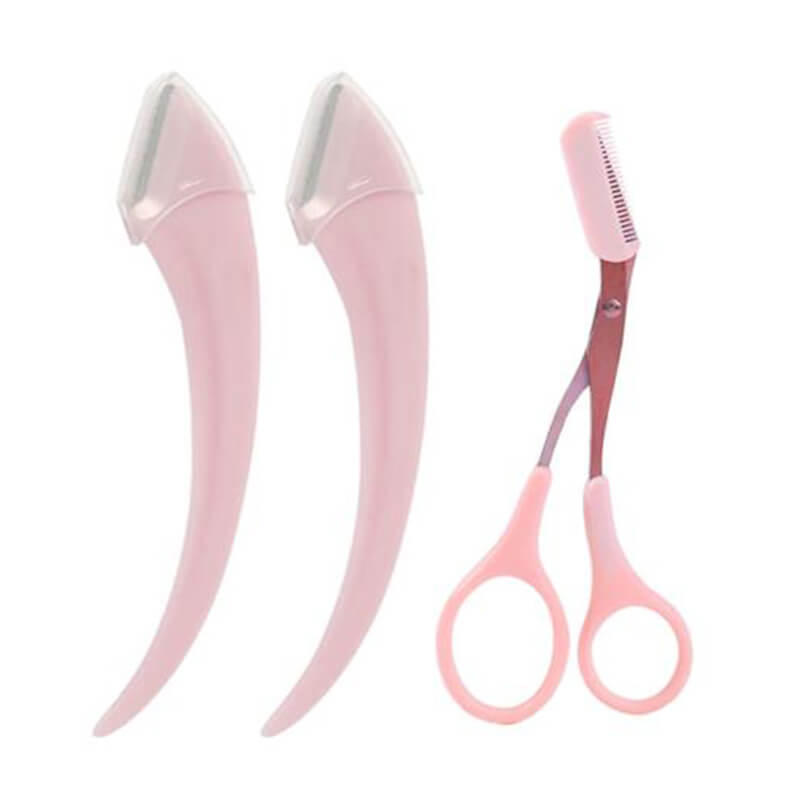 Set of pink grooming tools including a comb and scissors on a white background