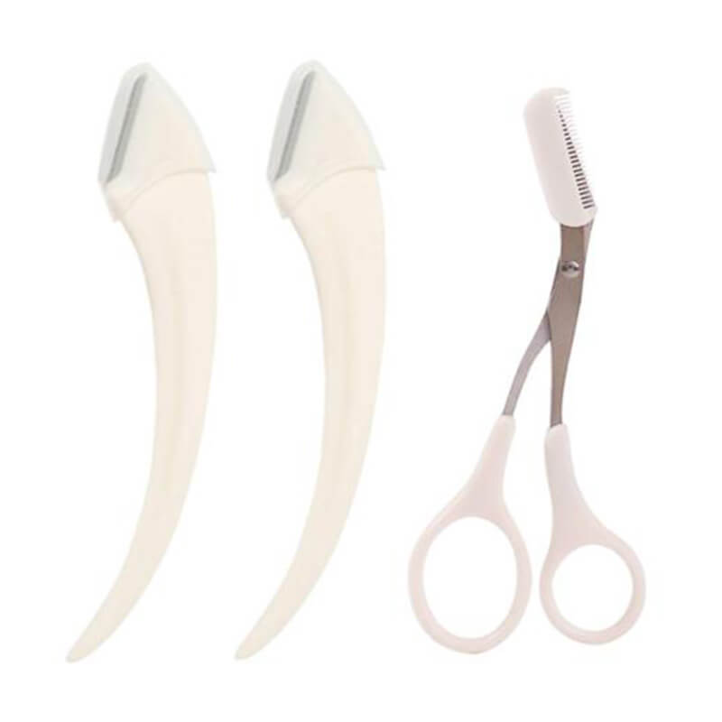 Two white hairbrushes and a pair of scissors on a white background
