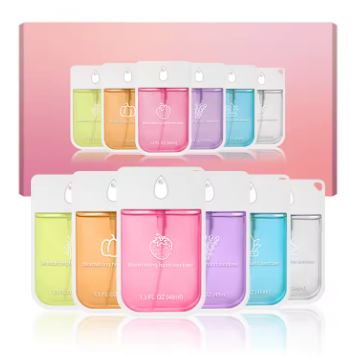 Set of colorful skincare containers with a pink box in the background