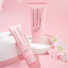 Two skincare products with floral elements on a pink background