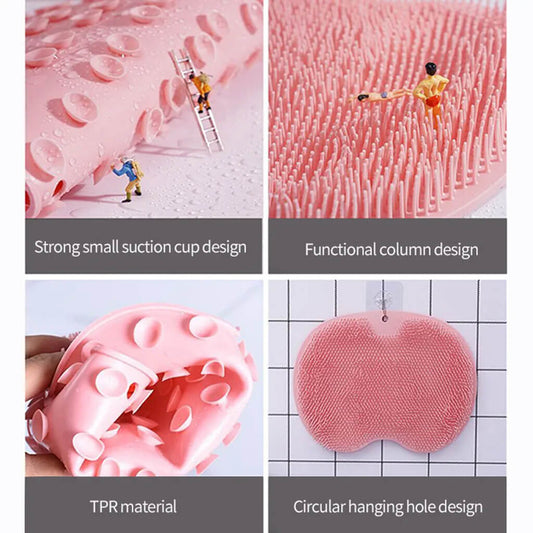 Product features with miniature figures on a pink textured surface, TPR material, and circular hanging hole design.