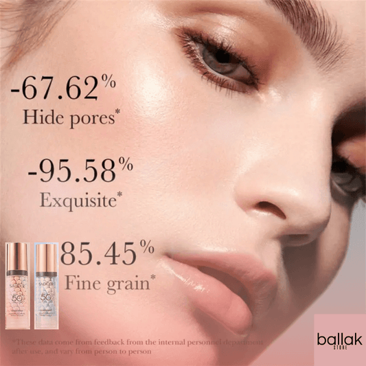 Advertisement for ballak skin care products with close-up of a person's face and text about product benefits.
