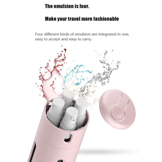 Pink travel emulsion set with four different types of emulsion, showing water splashes and a close-up of the product on a white background.