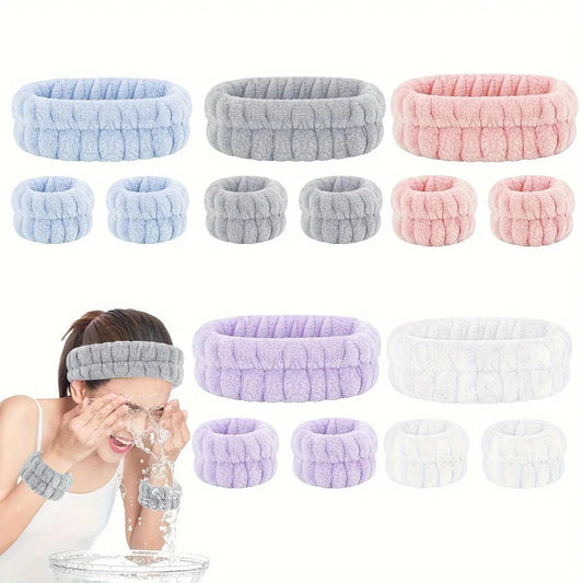 Velvet Makeup Hairband & Wristbands Set - Soft Terry Cloth Spa Headband for Face Wash