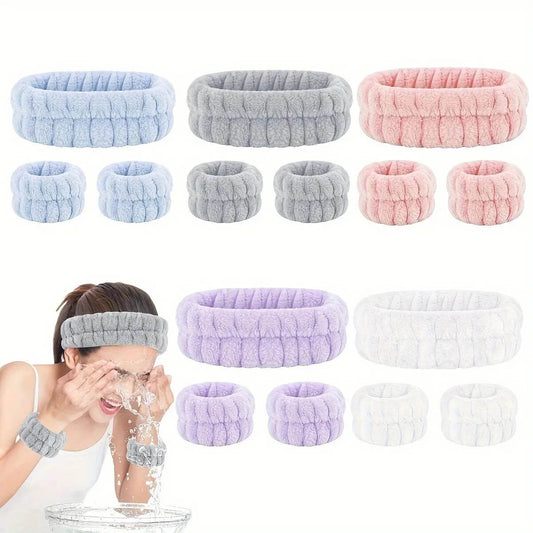 Set of colorful fuzzy headbands with a woman using one of them.
