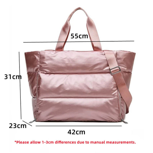 Pink tote bag with measurements on a white background
