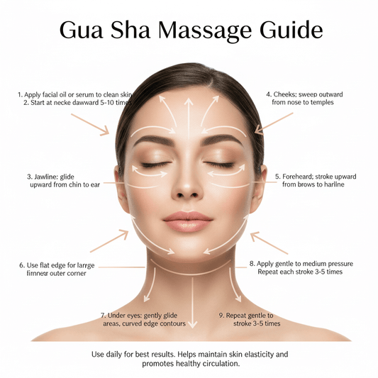 Gua Sha Massage Guide with a woman's face and labeled massage points.