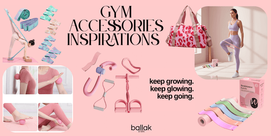 Gym Accessories Inspirations - Collection of pink fitness equipment including yoga mat, resistance bands, dumbbells, gym bag and wellness tools