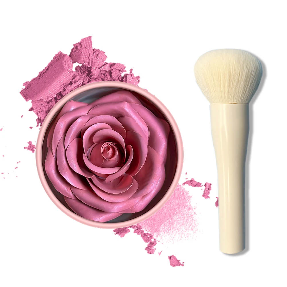 Rose Nude rose-shaped makeup compact with a brush and scattered powder on a white background