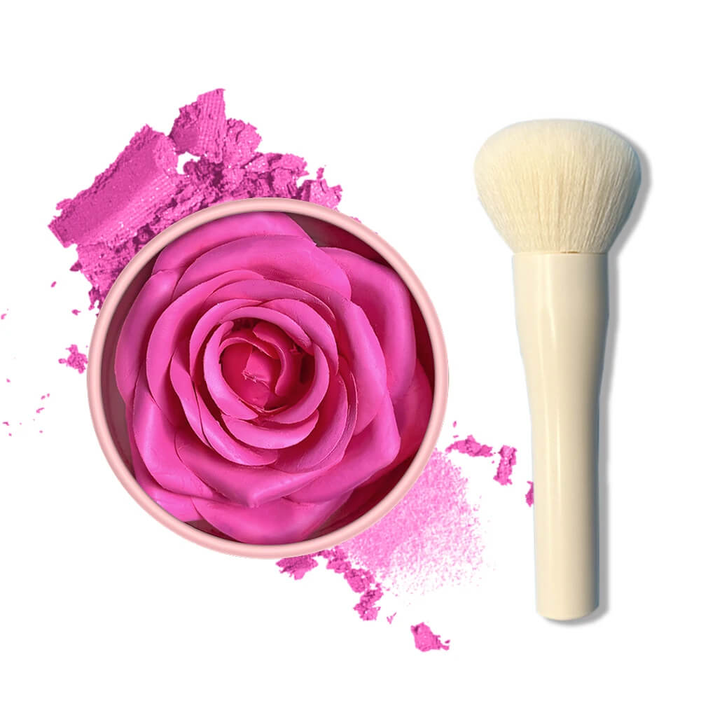Soft Pink Rose with a makeup brush and pink powder on a white background