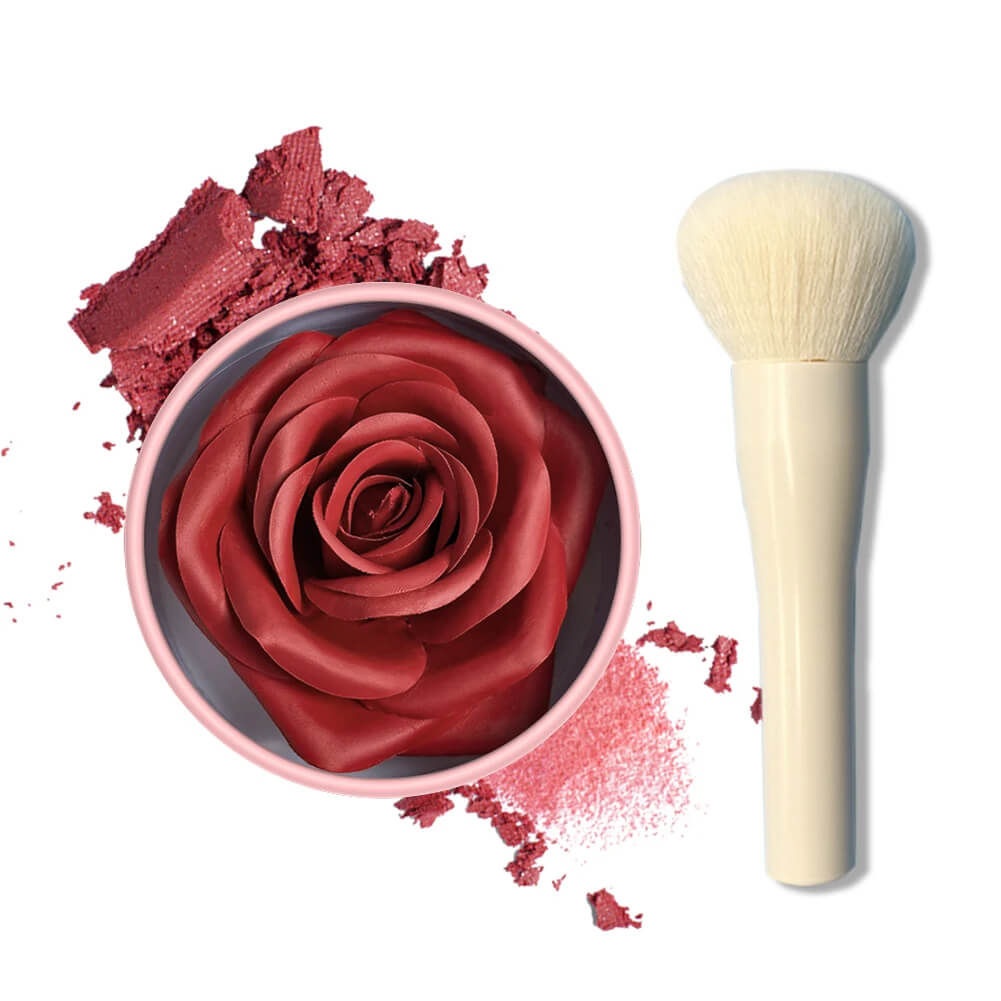 Vibrant Pink rose in a bowl with pink blush and a brush on a white background