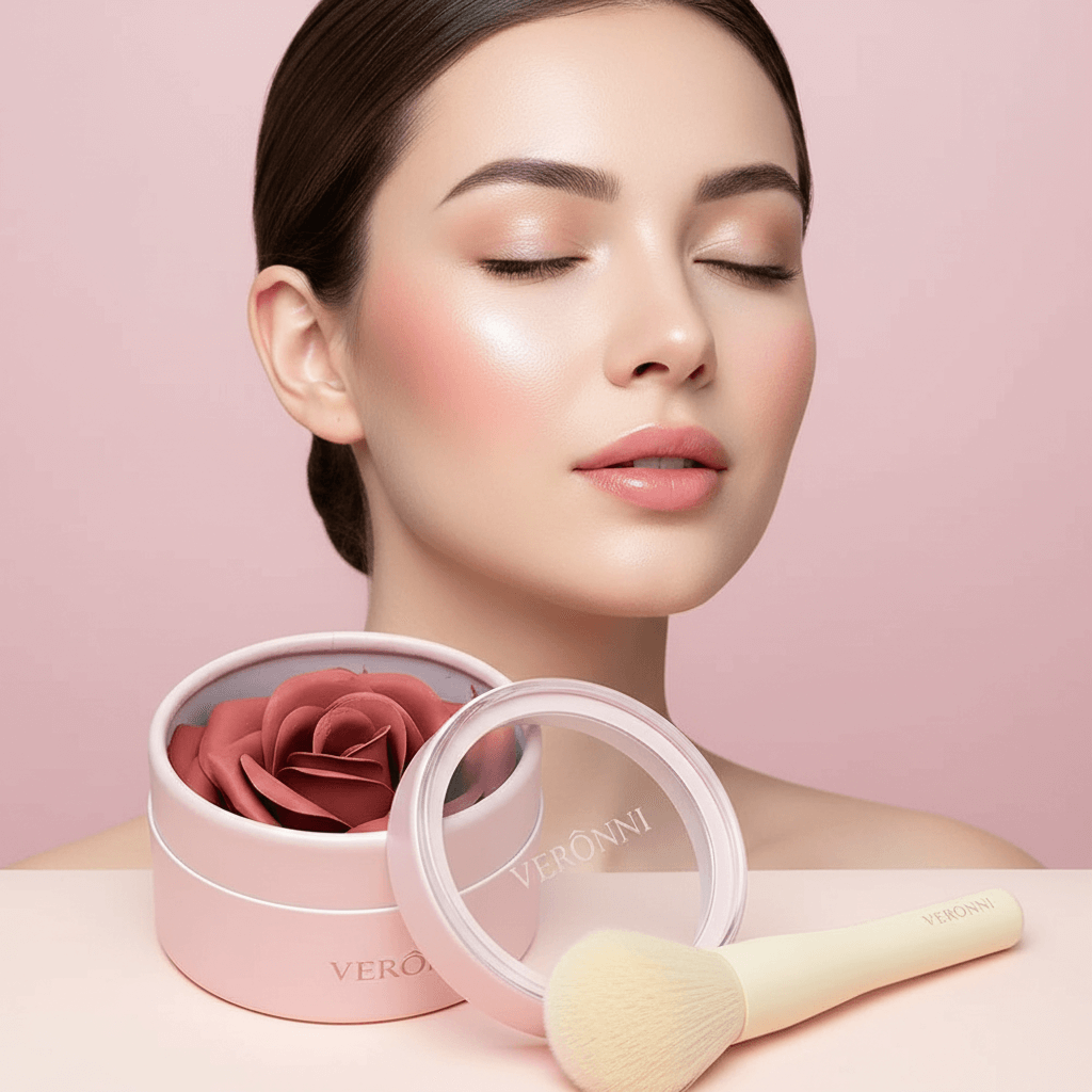 Woman with makeup products including a pink container with a rose and a brush on a pink background