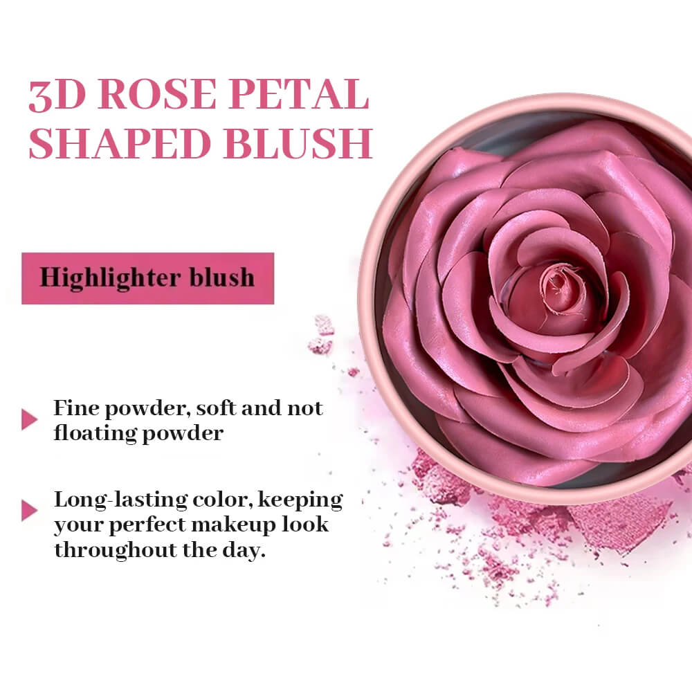 3D rose petal-shaped blush with product details on a white background