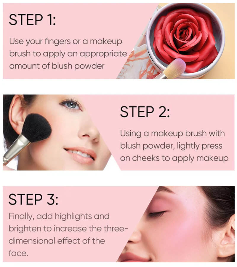 Step-by-step guide on applying blush powder with a makeup brush on a pink background.