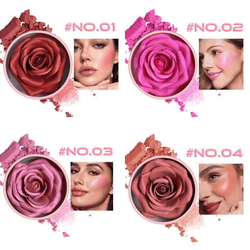 Four rose petal blushes with application examples on a white background