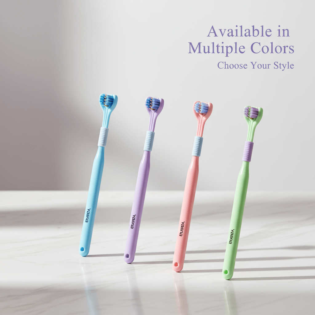 Four colorful toothbrushes on a light background with text about color options.