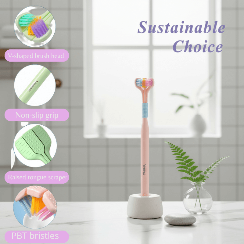 Colorful toothbrush with stand on a neutral background, featuring text about sustainability.