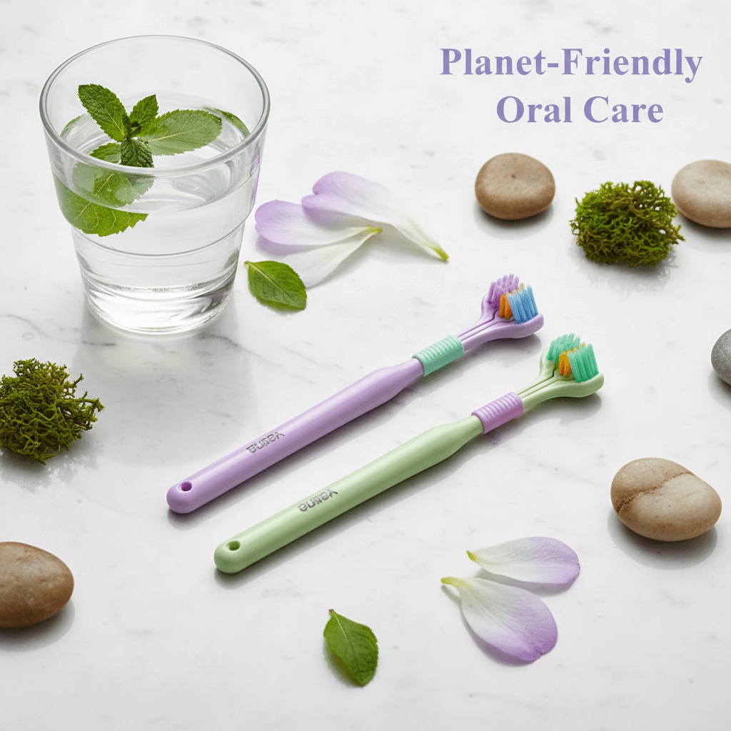Two planet-friendly toothbrushes on a white surface with a glass of water, mint leaves, and stones.