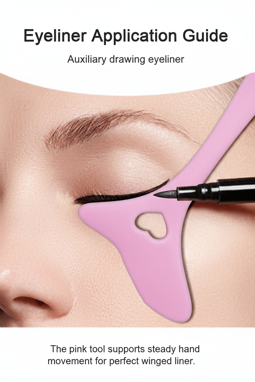 Eyeliner application guide with pink tool assisting in drawing eyeliner.