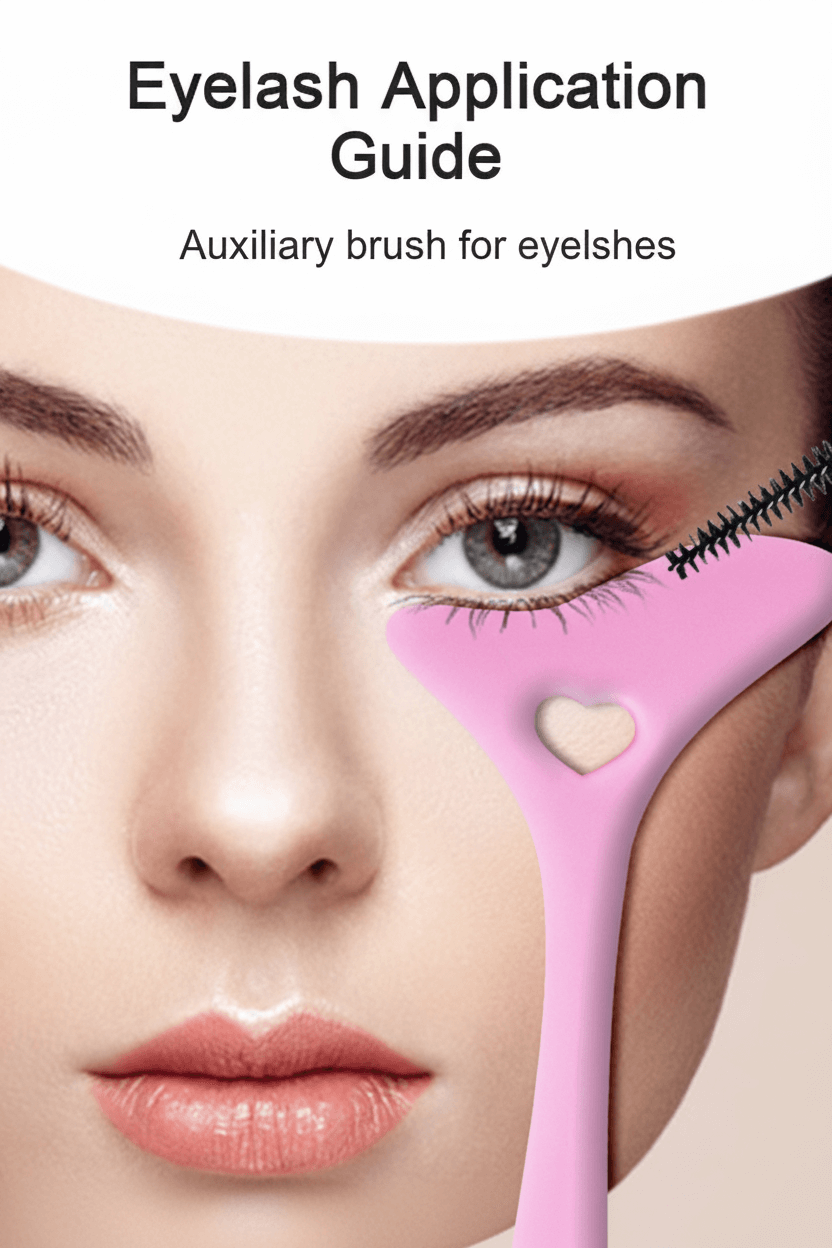 Eyelash application guide with a pink auxiliary brush for eyelashes on a close-up of a woman's face.