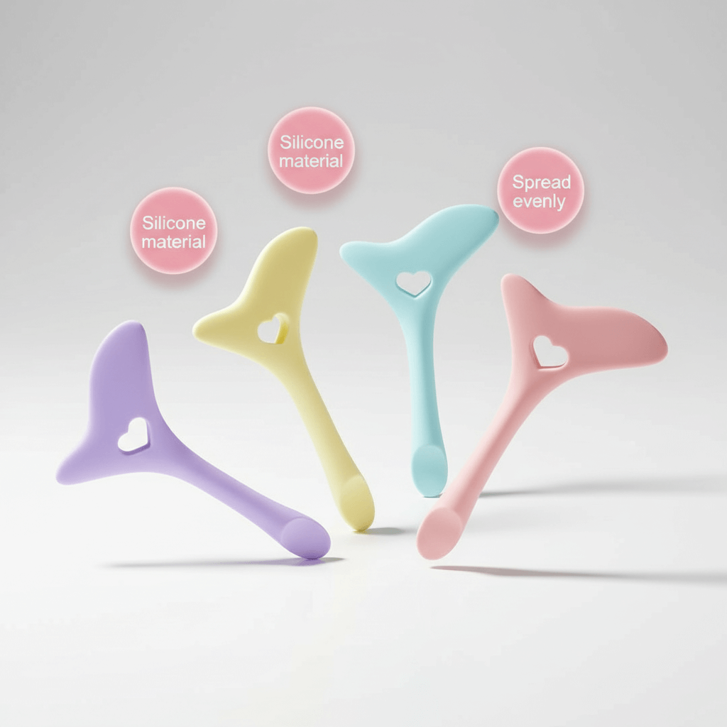 Four pastel-colored silicone tools with heart designs on a light gray background.