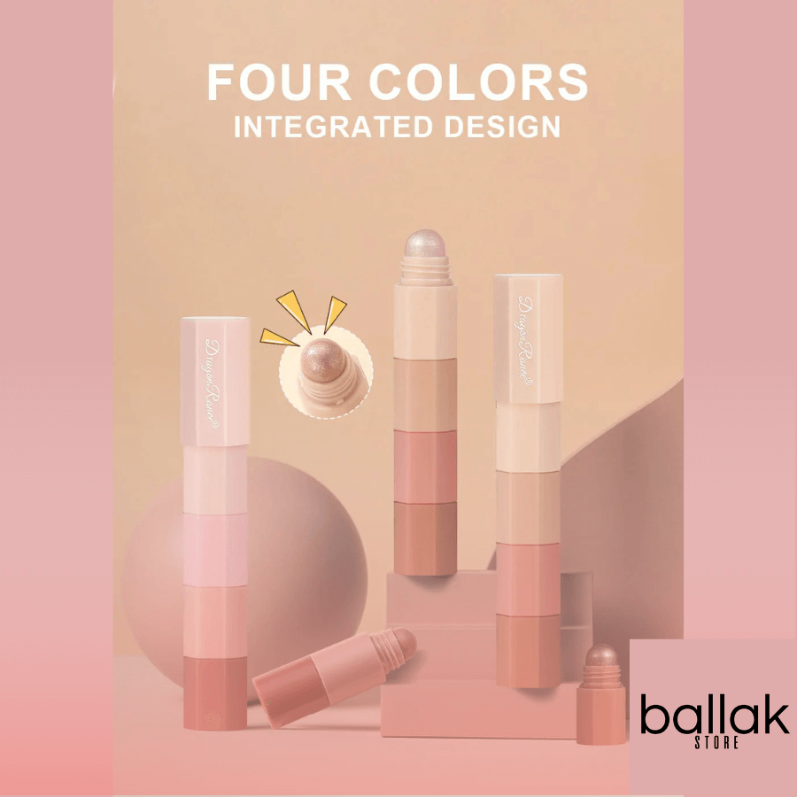 Cosmetic products with a 'Four Colors Integrated Design' text on a pink background, featuring the brand 'ballak store'.